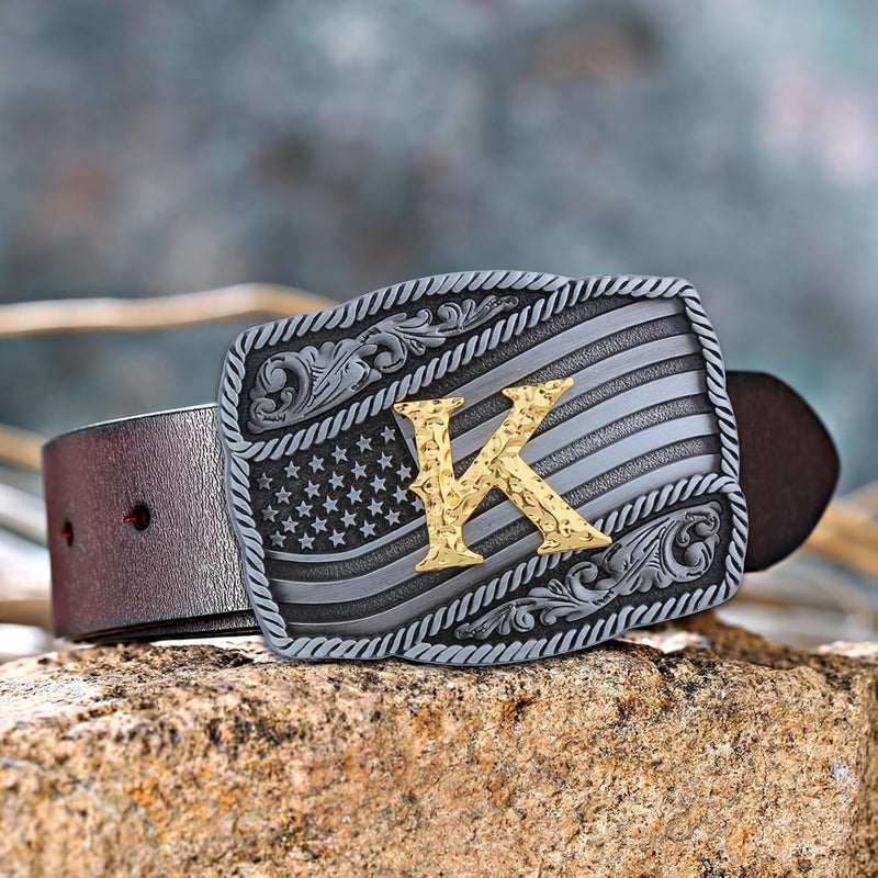 Fibbadet Store Western Cowboy Initial Letters A-Z American Flag Belt Buckle for Men Fathers Day Boyfriend Husband - Image 2